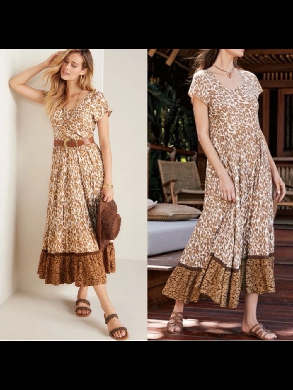 Soft Surroundings Kara Tiered Madi Dress Mocha Leopard Print Boho Size XS